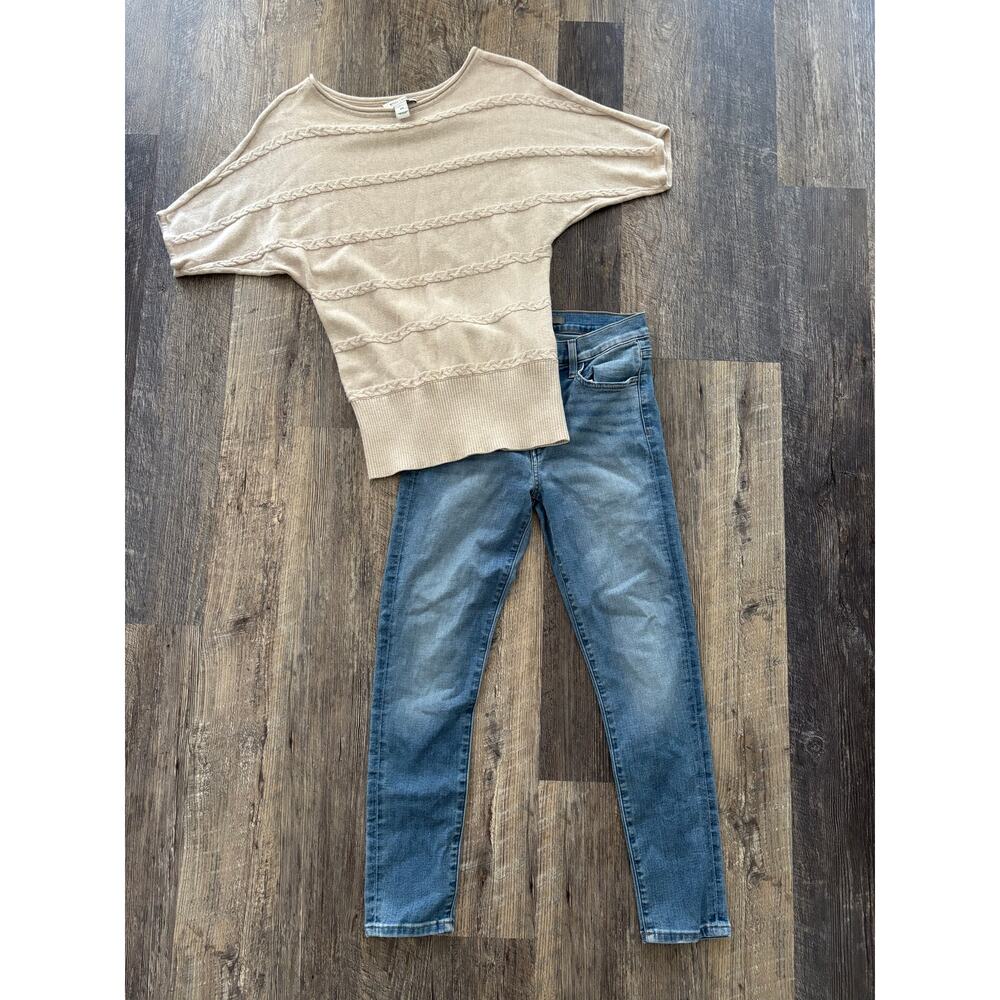 White House Black Market Beige Cable Knit Dolman Short Sleeve Sweater XS Oatmeal